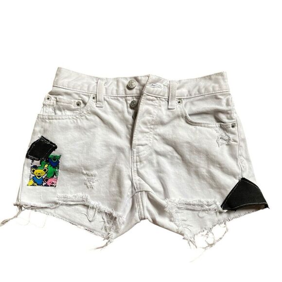 Upcycled High Rise Jean Shorts Reworked Grunge Concert Grateful Dead Bears S 25 - Picture 2 of 15